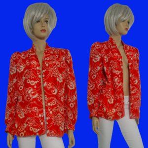 60s Silk Red Floral Open Light Jacket Medium Art H*e Vibrant Academia unique!